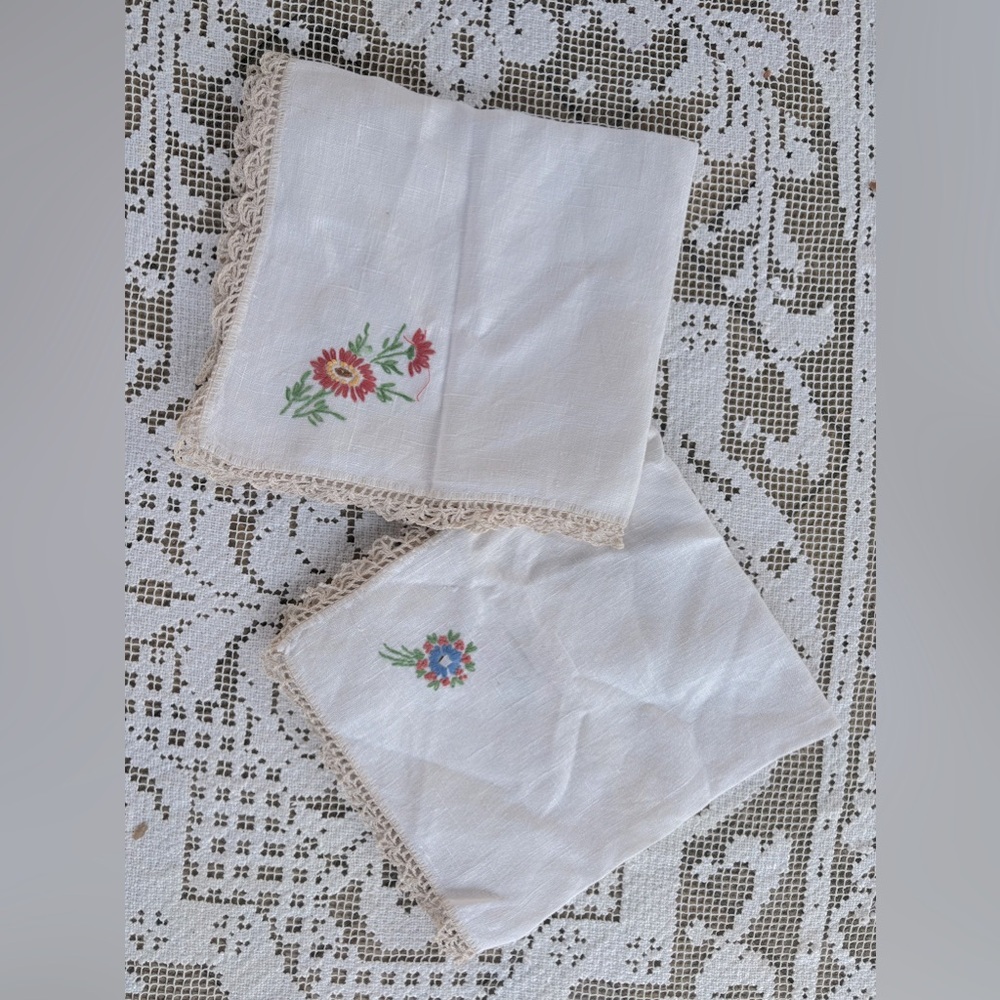 Two Tea Tray Embroidered Cloths. Centerpiece Doilie 1920s Cross Stitch Flowers